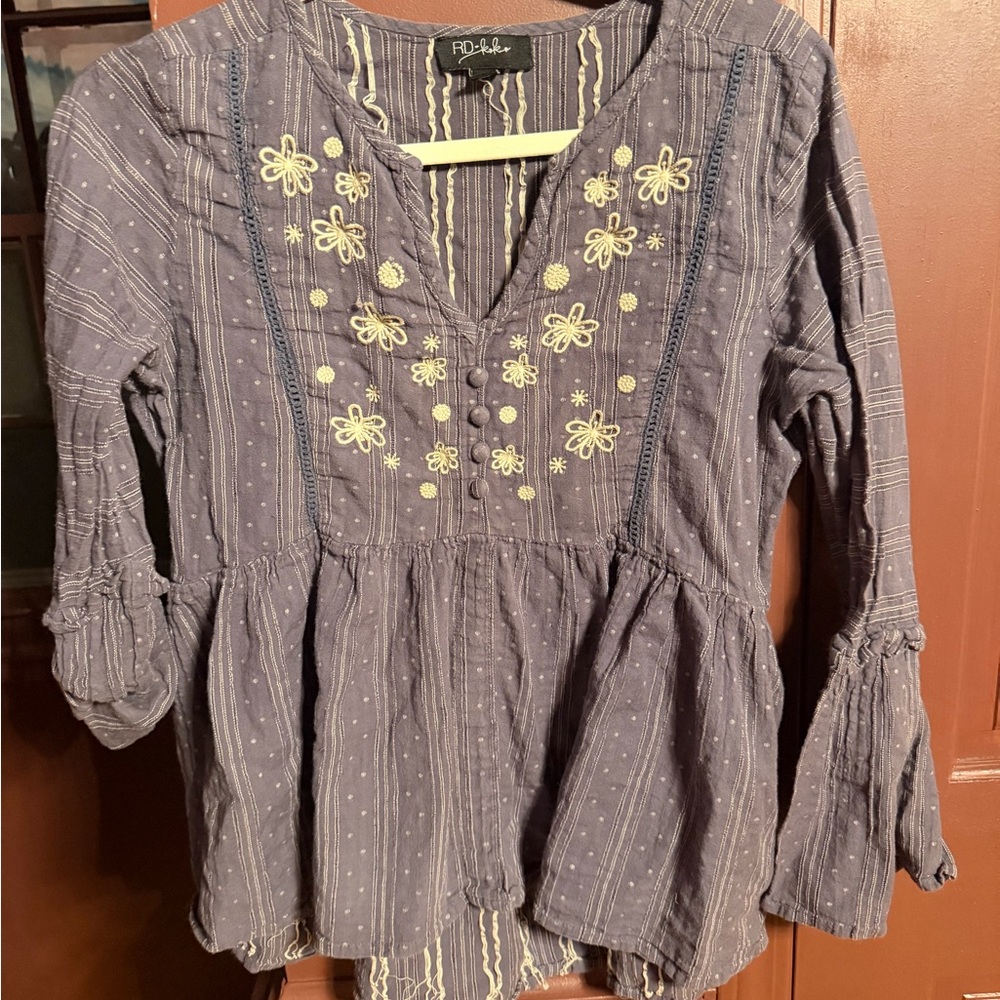 100% Cotton RD Style Blue-Gray Embroidered Peasant Tunic